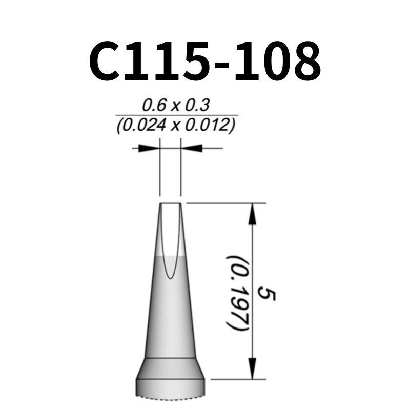 C115 cartridge is compatible with leading soldering stations including JBC, AIFEN, SUGON, YIHUA, and AIXUN models.

The C115 cartridge is optimized for high-precision soldering and repair of miniaturized electronic components.&nbsp;
Engineered to meet the exacting demands of micro-electronics manufacturing and precision repair applications.
Measuring approximately 45mm.

This cartridge comes with a thermal resistance of around 2~3 Ohm.

They only work with&nbsp;T115 Handles.