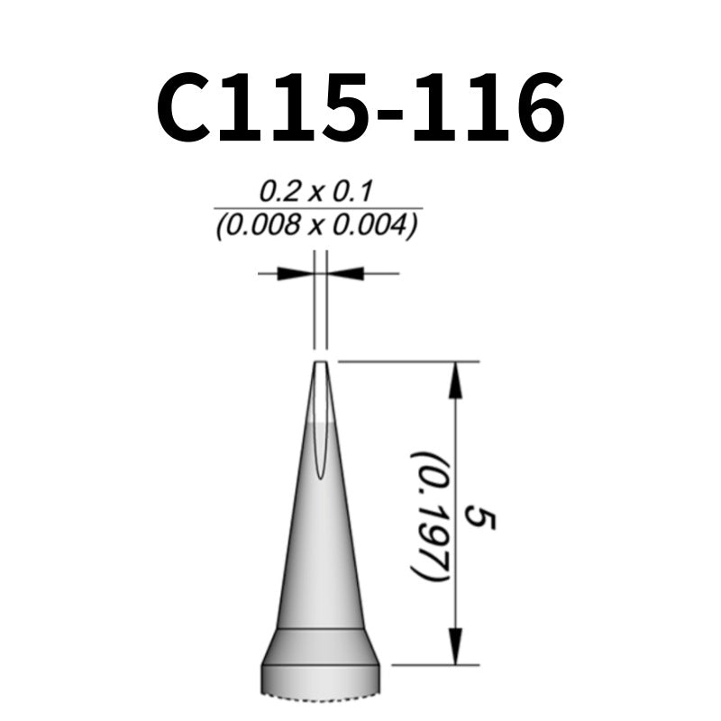 C115 cartridge is compatible with leading soldering stations including JBC, AIFEN, SUGON, YIHUA, and AIXUN models.

The C115 cartridge is optimized for high-precision soldering and repair of miniaturized electronic components.&nbsp;
Engineered to meet the exacting demands of micro-electronics manufacturing and precision repair applications.
Measuring approximately 45mm.

This cartridge comes with a thermal resistance of around 2~3 Ohm.

They only work with&nbsp;T115 Handles.