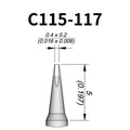 C115 cartridge is compatible with leading soldering stations including JBC, AIFEN, SUGON, YIHUA, and AIXUN models.

The C115 cartridge is optimized for high-precision soldering and repair of miniaturized electronic components.&nbsp;
Engineered to meet the exacting demands of micro-electronics manufacturing and precision repair applications.
Measuring approximately 45mm.

This cartridge comes with a thermal resistance of around 2~3 Ohm.

They only work with&nbsp;T115 Handles.