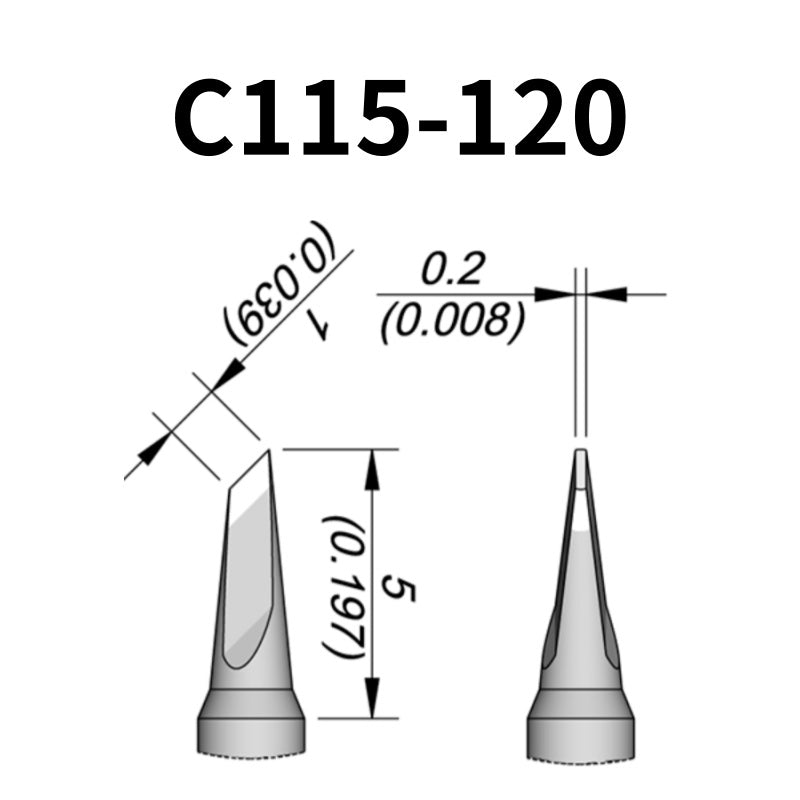 C115 cartridge is compatible with leading soldering stations including JBC, AIFEN, SUGON, YIHUA, and AIXUN models.

The C115 cartridge is optimized for high-precision soldering and repair of miniaturized electronic components.&nbsp;
Engineered to meet the exacting demands of micro-electronics manufacturing and precision repair applications.
Measuring approximately 45mm.

This cartridge comes with a thermal resistance of around 2~3 Ohm.

They only work with&nbsp;T115 Handles.
