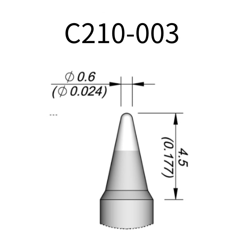 C210 cartridge&nbsp;works with major soldering stations including JBC, AIFEN, SUGON, YIHUA, AIXUN, GEEBOON, and Silverflo models.

C210 cartridges are appropriate for precision soldering jobs, and perfect to work with SMD, under a microscope, or with conventional components.
Measuring approximately 83mm.

This cartridge comes with a thermal resistance of around 2~3 Ohm.

They work with&nbsp;T210 Handles.