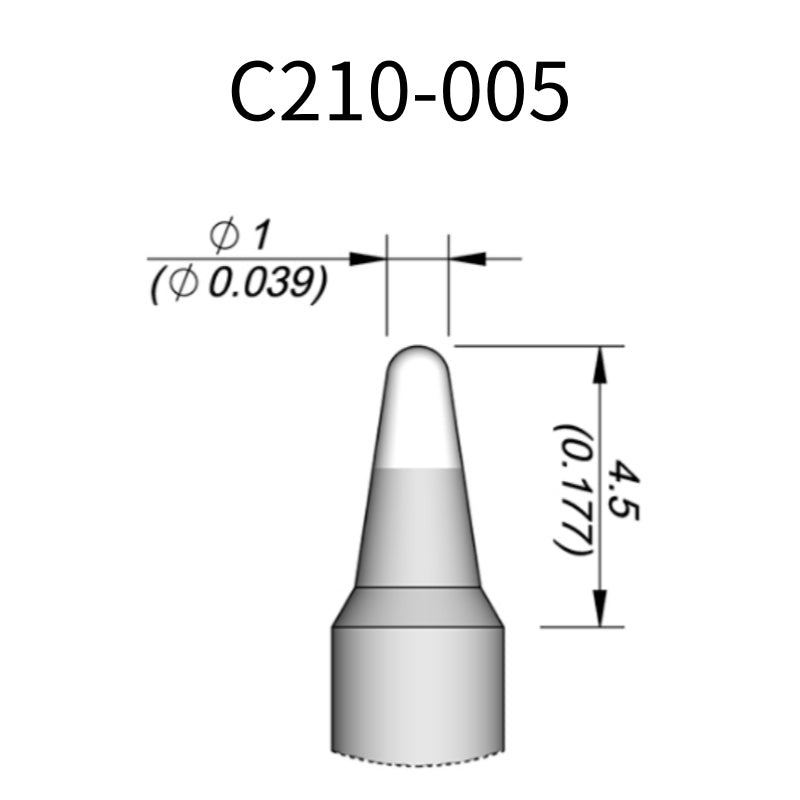 C210 cartridge&nbsp;works with major soldering stations including JBC, AIFEN, SUGON, YIHUA, AIXUN, GEEBOON, and Silverflo models.

C210 cartridges are appropriate for precision soldering jobs, and perfect to work with SMD, under a microscope, or with conventional components.
Measuring approximately 83mm.

This cartridge comes with a thermal resistance of around 2~3 Ohm.

They work with&nbsp;T210 Handles.