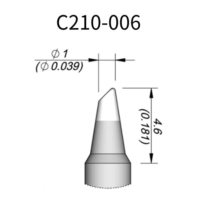 C210 cartridge&nbsp;works with major soldering stations including JBC, AIFEN, SUGON, YIHUA, AIXUN, GEEBOON, and Silverflo models.

C210 cartridges are appropriate for precision soldering jobs, and perfect to work with SMD, under a microscope, or with conventional components.
Measuring approximately 83mm.

This cartridge comes with a thermal resistance of around 2~3 Ohm.

They work with&nbsp;T210 Handles.