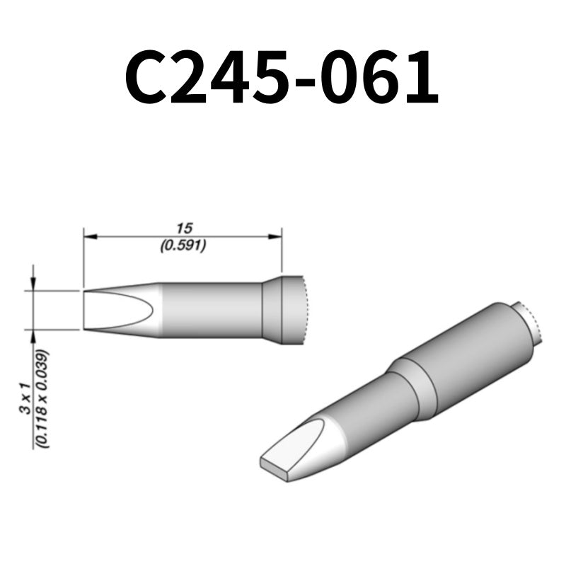 C245 cartridge range is the most conventional one of JBC, AIFEN, SUGON, YIHUA, AIXUN, GEEBOON, Silverflo with many shapes, sizes and special models.
They are appropriate for general soldering purposes and they are perfect for both SMD components or for applications with high power requirements such as ground plane soldering.

Measuring approximately 100mm.

This cartridge comes with a thermal resistance of around 2~3 Ohm.

They work with T245 Handles.