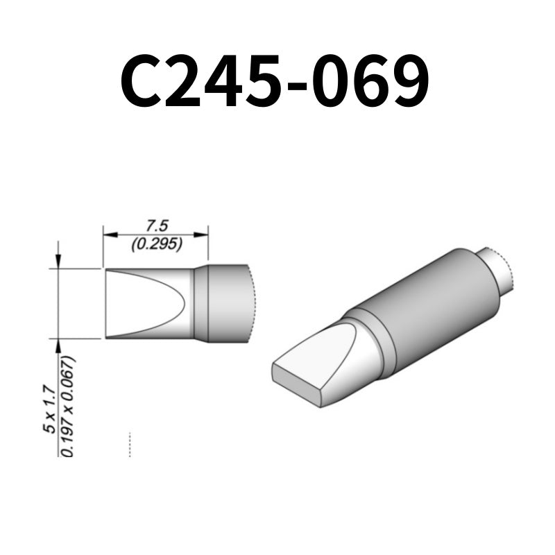 C245 cartridge range is the most conventional one of JBC, AIFEN, SUGON, YIHUA, AIXUN, GEEBOON, Silverflo with many shapes, sizes and special models.
They are appropriate for general soldering purposes and they are perfect for both SMD components or for applications with high power requirements such as ground plane soldering.

Measuring approximately 100mm.

This cartridge comes with a thermal resistance of around 2~3 Ohm.

They work with T245 Handles.