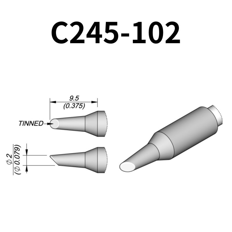 C245 cartridge range is the most conventional one of JBC, AIFEN, SUGON, YIHUA, AIXUN, GEEBOON, Silverflo with many shapes, sizes and special models.
They are appropriate for general soldering purposes and they are perfect for both SMD components or for applications with high power requirements such as ground plane soldering.

Measuring approximately 100mm.

This cartridge comes with a thermal resistance of around 2~3 Ohm.

They work with T245 Handles.