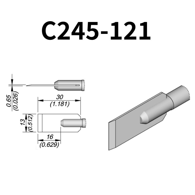 C245 cartridge range is the most conventional one of JBC, AIFEN, SUGON, YIHUA, AIXUN, GEEBOON, Silverflo with many shapes, sizes and special models.
They are appropriate for general soldering purposes and they are perfect for both SMD components or for applications with high power requirements such as ground plane soldering.

Measuring approximately 100mm.

This cartridge comes with a thermal resistance of around 2~3 Ohm.

They work with T245 Handles.