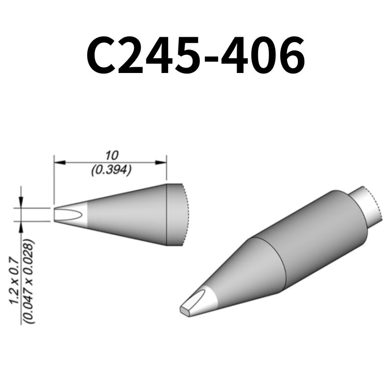 C245 cartridge range is the most conventional one of JBC, AIFEN, SUGON, YIHUA, AIXUN, GEEBOON, Silverflo with many shapes, sizes and special models.
They are appropriate for general soldering purposes and they are perfect for both SMD components or for applications with high power requirements such as ground plane soldering.

Measuring approximately 100mm.

This cartridge comes with a thermal resistance of around 2~3 Ohm.

They work with T245 Handles.