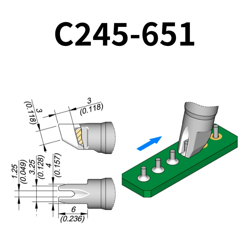 C245 cartridge range is the most conventional one of JBC, AIFEN, SUGON, YIHUA, AIXUN, GEEBOON, Silverflo with many shapes, sizes and special models.
They are appropriate for general soldering purposes and they are perfect for both SMD components or for applications with high power requirements such as ground plane soldering.

Measuring approximately 99mm.

This cartridge comes with a thermal resistance of around 2~3 Ohm.

They work with T245 Handles.