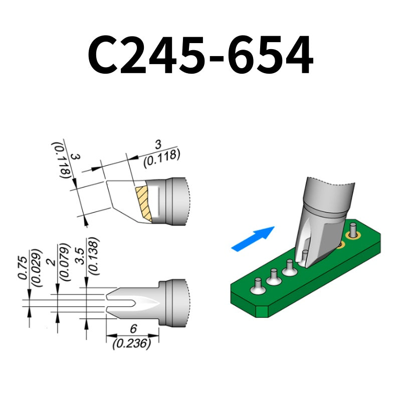 C245 cartridge range is the most conventional one of JBC, AIFEN, SUGON, YIHUA, AIXUN, GEEBOON, Silverflo with many shapes, sizes and special models.
They are appropriate for general soldering purposes and they are perfect for both SMD components or for applications with high power requirements such as ground plane soldering.

Measuring approximately 99mm.

This cartridge comes with a thermal resistance of around 2~3 Ohm.

They work with T245 Handles.