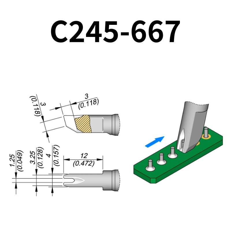 C245 cartridge range is the most conventional one of JBC, AIFEN, SUGON, YIHUA, AIXUN, GEEBOON, Silverflo with many shapes, sizes and special models.
They are appropriate for general soldering purposes and they are perfect for both SMD components or for applications with high power requirements such as ground plane soldering.

Measuring approximately 105mm.

This cartridge comes with a thermal resistance of around 2~3 Ohm.

They work with T245 Handles.