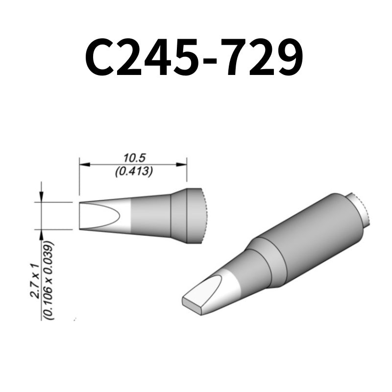 C245 cartridge range is the most conventional one of JBC, AIFEN, SUGON, YIHUA, AIXUN, GEEBOON, Silverflo with many shapes, sizes and special models.
They are appropriate for general soldering purposes and they are perfect for both SMD components or for applications with high power requirements such as ground plane soldering.

Measuring approximately 100mm.

This cartridge comes with a thermal resistance of around 2~3 Ohm.

They work with T245 Handles.