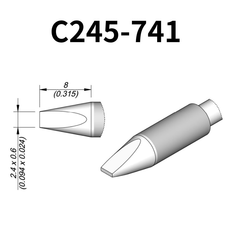 C245 cartridge range is the most conventional one of JBC, AIFEN, SUGON, YIHUA, AIXUN, GEEBOON, Silverflo with many shapes, sizes and special models.
They are appropriate for general soldering purposes and they are perfect for both SMD components or for applications with high power requirements such as ground plane soldering.

Measuring approximately 100mm.

This cartridge comes with a thermal resistance of around 2~3 Ohm.

They work with T245 Handles.