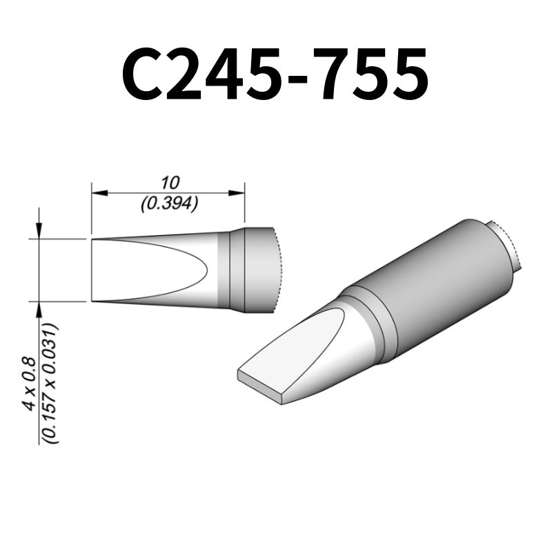 C245 cartridge range is the most conventional one of JBC, AIFEN, SUGON, YIHUA, AIXUN, GEEBOON, Silverflo with many shapes, sizes and special models.
They are appropriate for general soldering purposes and they are perfect for both SMD components or for applications with high power requirements such as ground plane soldering.

Measuring approximately 100mm.

This cartridge comes with a thermal resistance of around 2~3 Ohm.

They work with T245 Handles.