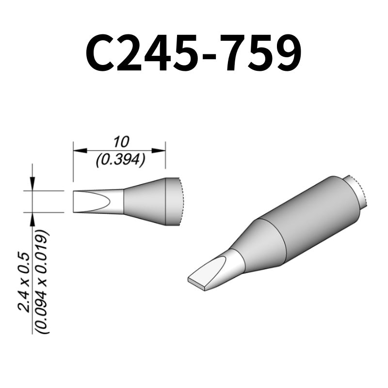 C245 cartridge range is the most conventional one of JBC, AIFEN, SUGON, YIHUA, AIXUN, GEEBOON, Silverflo with many shapes, sizes and special models.
They are appropriate for general soldering purposes and they are perfect for both SMD components or for applications with high power requirements such as ground plane soldering.

Measuring approximately 100mm.

This cartridge comes with a thermal resistance of around 2~3 Ohm.

They work with T245 Handles.