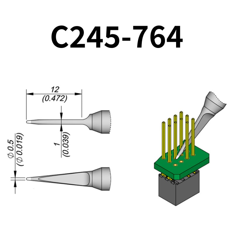 C245 cartridge range is the most conventional one of JBC, AIFEN, SUGON, YIHUA, AIXUN, GEEBOON, Silverflo with many shapes, sizes and special models.
They are appropriate for general soldering purposes and they are perfect for both SMD components or for applications with high power requirements such as ground plane soldering.

Measuring approximately 100mm.

This cartridge comes with a thermal resistance of around 2~3 Ohm.

They work with T245 Handles.