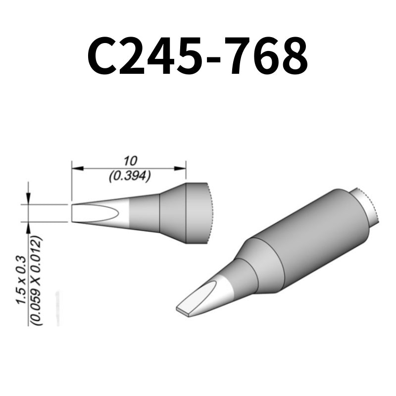 C245 cartridge range is the most conventional one of JBC, AIFEN, SUGON, YIHUA, AIXUN, GEEBOON, Silverflo with many shapes, sizes and special models.
They are appropriate for general soldering purposes and they are perfect for both SMD components or for applications with high power requirements such as ground plane soldering.

Measuring approximately 100mm.

This cartridge comes with a thermal resistance of around 2~3 Ohm.

They work with T245 Handles.