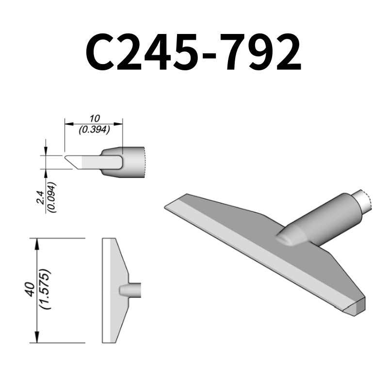 C245 cartridge range is the most conventional one of JBC, AIFEN, SUGON, YIHUA, AIXUN, GEEBOON, Silverflo with many shapes, sizes and special models.
They are appropriate for general soldering purposes and they are perfect for both SMD components or for applications with high power requirements such as ground plane soldering.

Measuring approximately 100mm.

This cartridge comes with a thermal resistance of around 2~3 Ohm.

They work with T245 Handles.