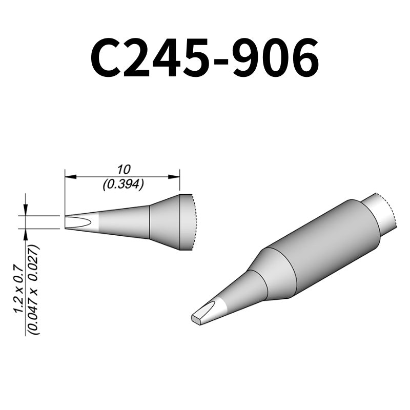 C245 cartridge range is the most conventional one of JBC, AIFEN, SUGON, YIHUA, AIXUN, GEEBOON, Silverflo with many shapes, sizes and special models.
They are appropriate for general soldering purposes and they are perfect for both SMD components or for applications with high power requirements such as ground plane soldering.

Measuring approximately 100mm.

This cartridge comes with a thermal resistance of around 2~3 Ohm.

They work with T245 Handles.