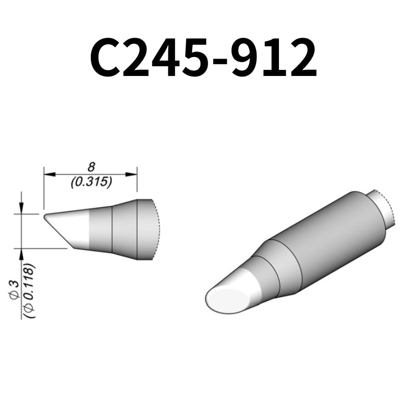 C245 cartridge range is the most conventional one of JBC, AIFEN, SUGON, YIHUA, AIXUN, GEEBOON, Silverflo with many shapes, sizes and special models.
They are appropriate for general soldering purposes and they are perfect for both SMD components or for applications with high power requirements such as ground plane soldering.

Measuring approximately 100mm.

This cartridge comes with a thermal resistance of around 2~3 Ohm.

They work with T245 Handles.