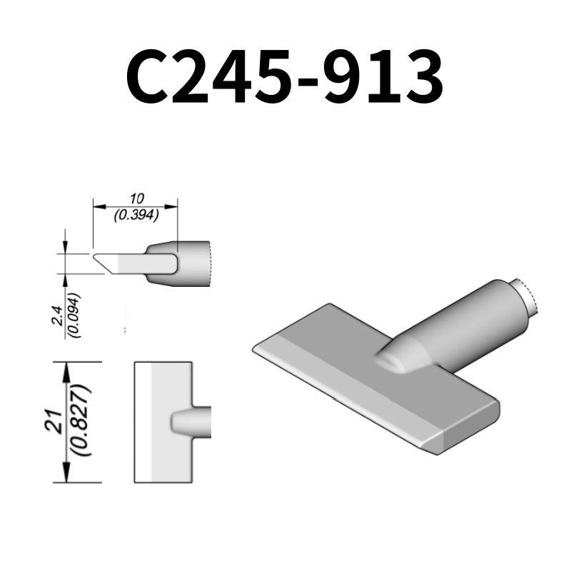 C245 cartridge range is the most conventional one of JBC, AIFEN, SUGON, YIHUA, AIXUN, GEEBOON, Silverflo with many shapes, sizes and special models.
They are appropriate for general soldering purposes and they are perfect for both SMD components or for applications with high power requirements such as ground plane soldering.

Measuring approximately 100mm.

This cartridge comes with a thermal resistance of around 2~3 Ohm.

They work with T245 Handles.
