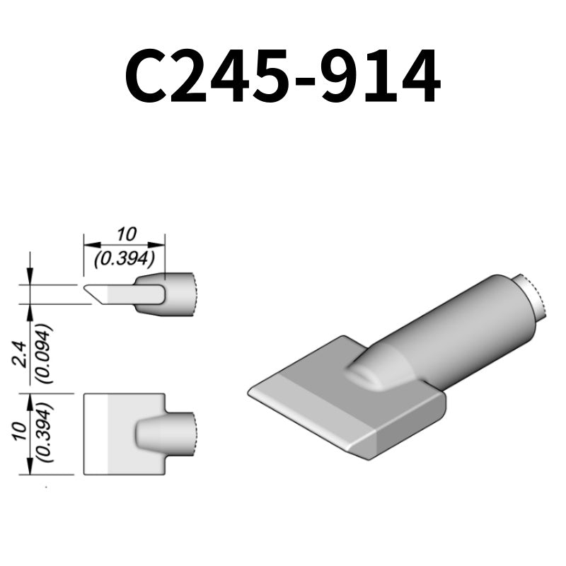C245 cartridge range is the most conventional one of JBC, AIFEN, SUGON, YIHUA, AIXUN, GEEBOON, Silverflo with many shapes, sizes and special models.
They are appropriate for general soldering purposes and they are perfect for both SMD components or for applications with high power requirements such as ground plane soldering.

Measuring approximately 100mm.

This cartridge comes with a thermal resistance of around 2~3 Ohm.

They work with T245 Handles.