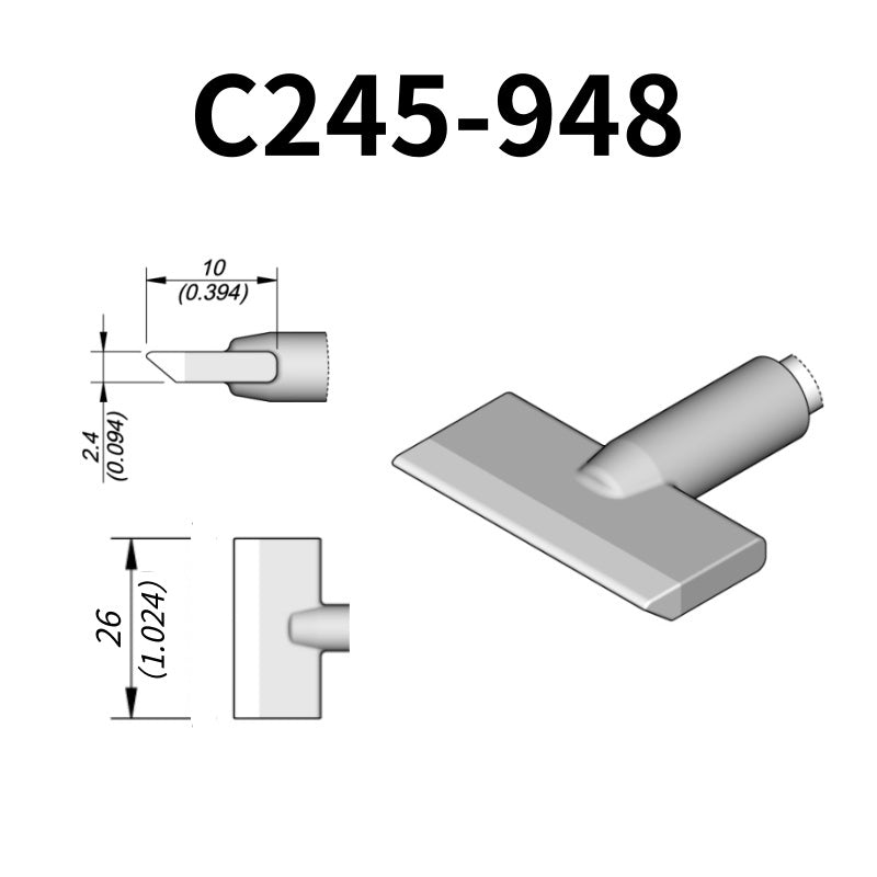 C245 cartridge range is the most conventional one of JBC, AIFEN, SUGON, YIHUA, AIXUN, GEEBOON, Silverflo with many shapes, sizes and special models.
They are appropriate for general soldering purposes and they are perfect for both SMD components or for applications with high power requirements such as ground plane soldering.

Measuring approximately 100mm.

This cartridge comes with a thermal resistance of around 2~3 Ohm.

They work with T245 Handles.