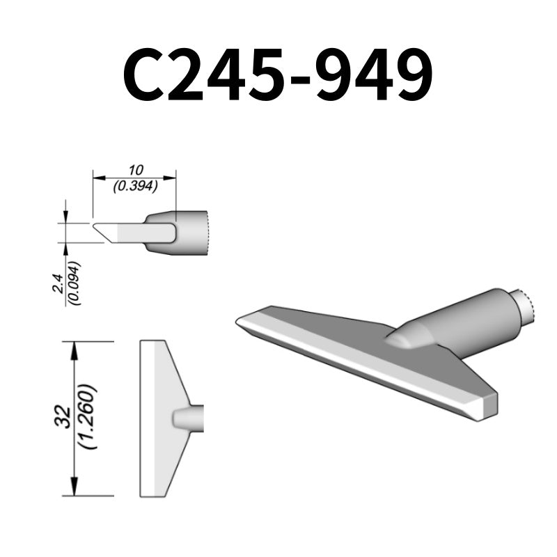 C245 cartridge range is the most conventional one of JBC, AIFEN, SUGON, YIHUA, AIXUN, GEEBOON, Silverflo with many shapes, sizes and special models.
They are appropriate for general soldering purposes and they are perfect for both SMD components or for applications with high power requirements such as ground plane soldering.

Measuring approximately 100mm.

This cartridge comes with a thermal resistance of around 2~3 Ohm.

They work with T245 Handles.
