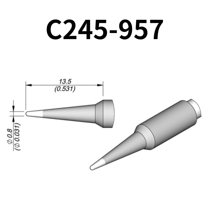 C245 cartridge range is the most conventional one of JBC, AIFEN, SUGON, YIHUA, AIXUN, GEEBOON, Silverflo with many shapes, sizes and special models.
They are appropriate for general soldering purposes and they are perfect for both SMD components or for applications with high power requirements such as ground plane soldering.

Measuring approximately 100mm.

This cartridge comes with a thermal resistance of around 2~3 Ohm.

They work with T245 Handles.