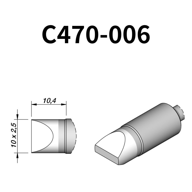 The C470 soldering tip is engineered to handle high-thermal-demand applications with superior heat retention and transfer efficiency.
Maximize your soldering setup's versatility with the C470 tip, compatible with both the T470 heavy-duty iron and HT470 tweezer.
Measuring approximately 122mm.

This cartridge comes with a thermal resistance of around 7 Ohm.

They work ONLY with T470 Handles.
