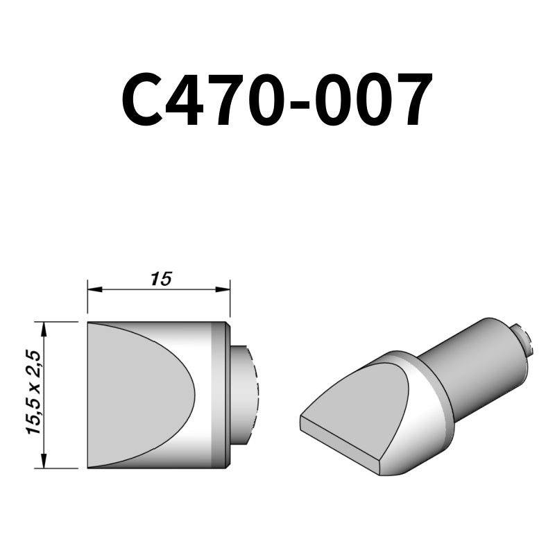 The C470 soldering tip is engineered to handle high-thermal-demand applications with superior heat retention and transfer efficiency.
Maximize your soldering setup's versatility with the C470 tip, compatible with both the T470 heavy-duty iron and HT470 tweezer.
Measuring approximately 122mm.

This cartridge comes with a thermal resistance of around 7 Ohm.

They work ONLY with T470 Handles.