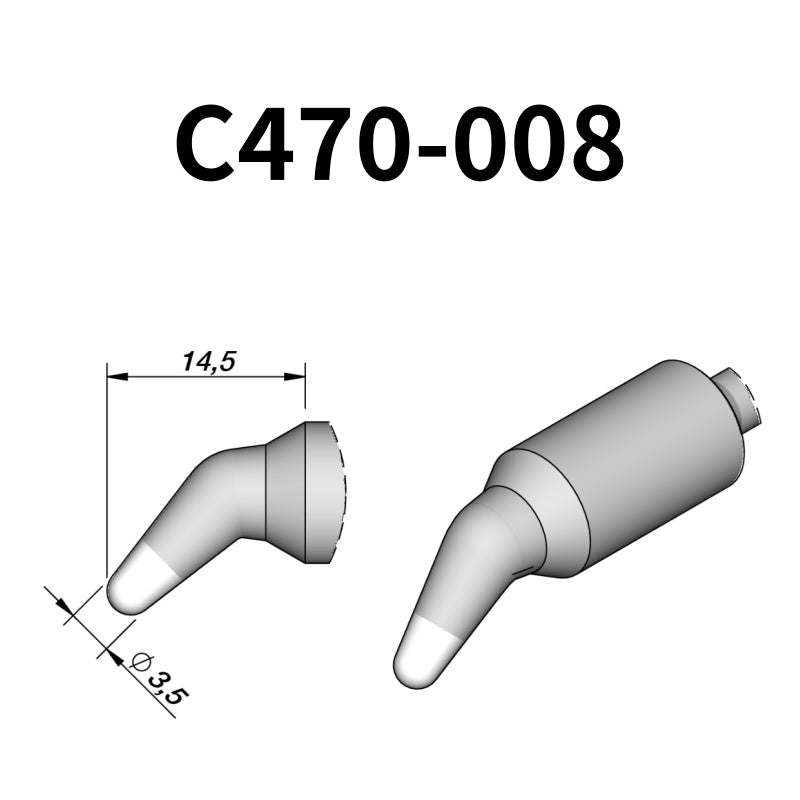 The C470 soldering tip is engineered to handle high-thermal-demand applications with superior heat retention and transfer efficiency.
Maximize your soldering setup's versatility with the C470 tip, compatible with both the T470 heavy-duty iron and HT470 tweezer.
Measuring approximately 122mm.

This cartridge comes with a thermal resistance of around 7 Ohm.

They work ONLY with T470 Handles.