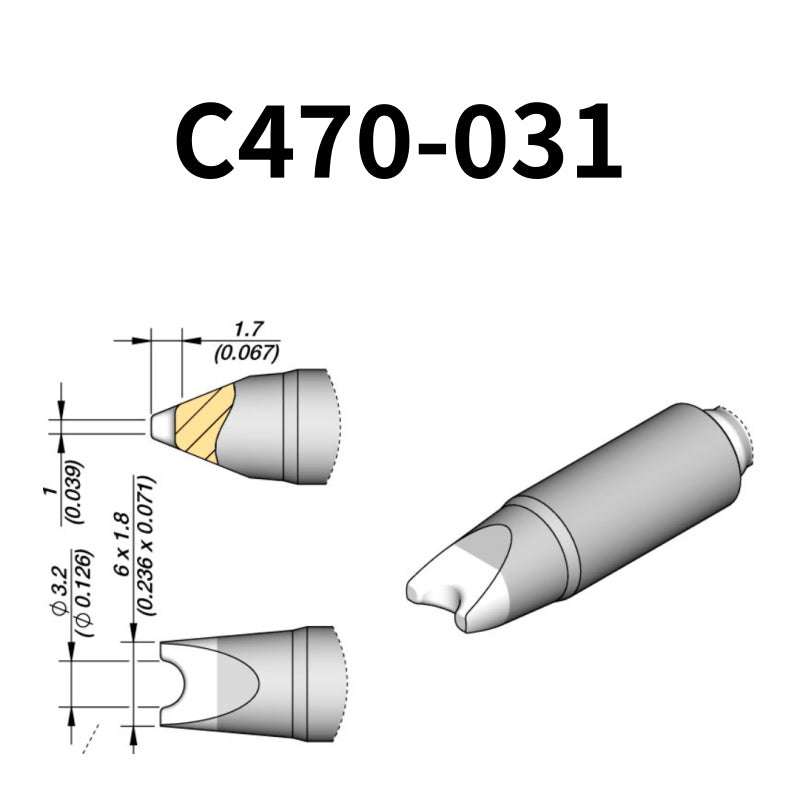 The C470 soldering tip is engineered to handle high-thermal-demand applications with superior heat retention and transfer efficiency.
Maximize your soldering setup's versatility with the C470 tip, compatible with both the T470 heavy-duty iron and HT470 tweezer.
Measuring approximately 122mm.

This cartridge comes with a thermal resistance of around 7 Ohm.

They ONLY work with&nbsp;T470 Handles.