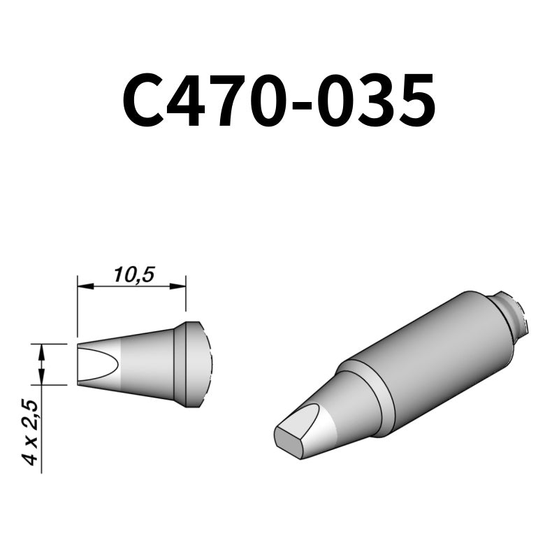 The C470 soldering tip is engineered to handle high-thermal-demand applications with superior heat retention and transfer efficiency.
Maximize your soldering setup's versatility with the C470 tip, compatible with both the T470 heavy-duty iron and HT470 tweezer.
Measuring approximately 122mm.

This cartridge comes with a thermal resistance of around 7 Ohm.

They work ONLY with T470 Handles.