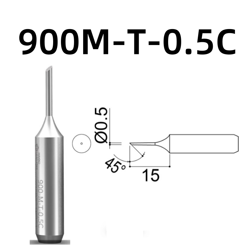 Shape: Bevel Tip, 0.5MM/45DEG X 15MM.
Applicable models: 928, 936, 938 soldering station.
Compatible for: 900M, 900M-ESD, 907, 907-ESD, 933 soldering iron handle.
Other models: 900M-T-1C, 900M-T-1CF, 900M-T-2C, 900M-T-2CF, 900M-T-3C, 900M-T-3CF, 900M-T-4C, 900M-T-4CF, 900M-T-0.8C, 900M-T-0.8D, 900M-T-1.2D, 900M-T-1.6D, 900M-T-2.4D, 900M-T-3.2D, 900M-T-S3, 900M-T-SB, 900M-T-LB, 900M-T-1.8H, 900M-T-S4, 900M-T-1.2LD.

If you need any other model products, please kindly contact us.&nbsp;
