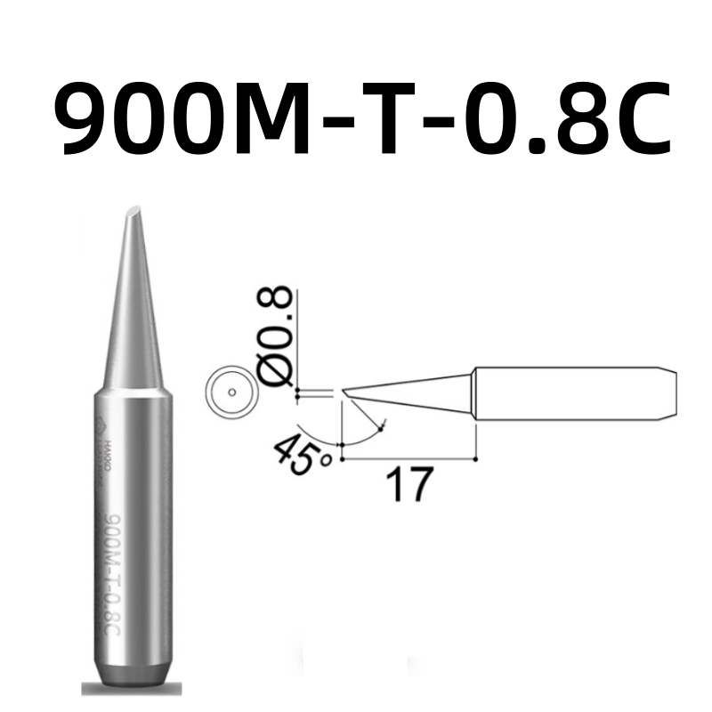 Shape: Bevel Tip, 0.8MM/45DEG X 17MM.
Applicable models: 928, 936, 938 soldering station.
Compatible for: 900M, 900M-ESD, 907, 907-ESD, 933 soldering iron handle.
Other models: 900M-T-1C, 900M-T-1CF, 900M-T-2C, 900M-T-2CF, 900M-T-3C, 900M-T-3CF, 900M-T-4C, 900M-T-4CF, 900M-T-0.5C, 900M-T-0.8D, 900M-T-1.2D, 900M-T-1.6D, 900M-T-2.4D, 900M-T-3.2D, 900M-T-S3, 900M-T-SB, 900M-T-LB, 900M-T-1.8H, 900M-T-S4, 900M-T-1.2LD.

If you need any other model products, please kindly contact us.&nbsp;