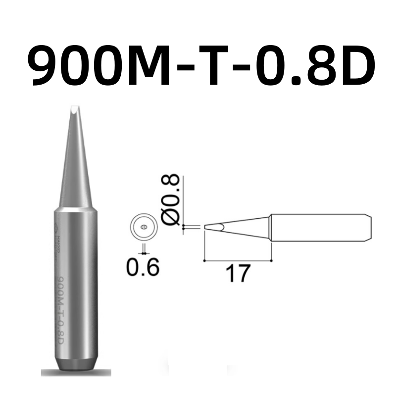Shape: Chisel Tip, 0.8MM X 17MM.
Applicable models: 928, 936, 938 soldering station.
Compatible for: 900M, 900M-ESD, 907, 907-ESD, 933 soldering iron handle.
Other models: 900M-T-1C, 900M-T-1CF, 900M-T-2C, 900M-T-2CF, 900M-T-3C, 900M-T-3CF, 900M-T-4C, 900M-T-4CF, 900M-T-0.5C, 900M-T-0.8C, 900M-T-1.2D, 900M-T-1.6D, 900M-T-2.4D, 900M-T-3.2D, 900M-T-S3, 900M-T-SB, 900M-T-LB, 900M-T-1.8H, 900M-T-S4, 900M-T-1.2LD.

If you need any other model products, please kindly contact us.&nbsp;