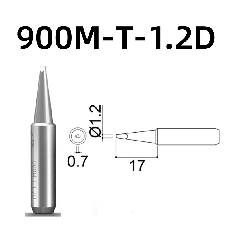 Shape: Chisel Tip, 1.2MM X 17MM.
Applicable models: 928, 936, 938 soldering station.
Compatible for: 900M, 900M-ESD, 907, 907-ESD, 933 soldering iron handle.
Other models: 900M-T-1C, 900M-T-1CF, 900M-T-2C, 900M-T-2CF, 900M-T-3C, 900M-T-3CF, 900M-T-4C, 900M-T-4CF, 900M-T-0.5C, 900M-T-0.8C, 900M-T-0.8D, 900M-T-1.6D, 900M-T-2.4D, 900M-T-3.2D, 900M-T-S3, 900M-T-SB, 900M-T-LB, 900M-T-1.8H, 900M-T-S4, 900M-T-1.2LD.

If you need any other model products, please kindly contact us.&nbsp;