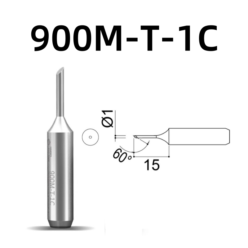 Shape: Bevel Tip, 1MM/60DEG X 15MM.
Applicable models: 928, 936, 938 soldering station.
Compatible for: 900M, 900M-ESD, 907, 907-ESD, 933 soldering iron handle.
Other models: 900M-T-1CF, 900M-T-2C, 900M-T-1CF, 900M-T-3C, 900M-T-3CF, 900M-T-4C, 900M-T-4CF, 900M-T-0.5C, 900M-T-0.8C, 900M-T-0.8D, 900M-T-1.2D, 900M-T-1.6D, 900M-T-2.4D, 900M-T-3.2D, 900M-T-S3, 900M-T-SB, 900M-T-LB, 900M-T-1.8H, 900M-T-S4, 900M-T-1.2LD.

If you need any other model products, please kindly contact us.