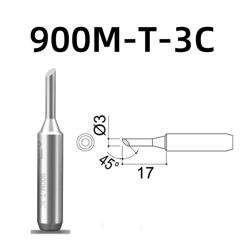 Shape: Bevel Tip, 3MM/45DEG X 17MM.
Applicable models: 928, 936, 938 soldering station.
Compatible for: 900M, 900M-ESD, 907, 907-ESD, 933 soldering iron handle.
Other models: 900M-T-1C, 900M-T-1CF, 900M-T-2C, 900M-T-2CF, 900M-T-3CF, 900M-T-4C, 900M-T-4CF, 900M-T-0.5C, 900M-T-0.8C, 900M-T-0.8D, 900M-T-1.2D, 900M-T-1.6D, 900M-T-2.4D, 900M-T-3.2D, 900M-T-S3, 900M-T-SB, 900M-T-LB, 900M-T-1.8H, 900M-T-S4, 900M-T-1.2LD.

If you need any other model products, please kindly contact us.&nbsp;