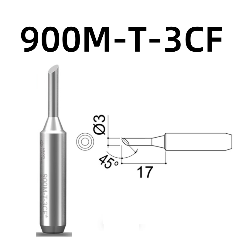 Shape: Bevel Tip, 3MM/45DEG X 17MM.
Applicable models: 928, 936, 938 soldering station.
Compatible for: 900M, 900M-ESD, 907, 907-ESD, 933 soldering iron handle.
Other models: 900M-T-1C, 900M-T-1CF, 900M-T-2C, 900M-T-2CF, 900M-T-3C, 900M-T-4C, 900M-T-4CF, 900M-T-0.5C, 900M-T-0.8C, 900M-T-0.8D, 900M-T-1.2D, 900M-T-1.6D, 900M-T-2.4D, 900M-T-3.2D, 900M-T-S3, 900M-T-SB, 900M-T-LB, 900M-T-1.8H, 900M-T-S4, 900M-T-1.2LD.

If you need any other model products, please kindly contact us.