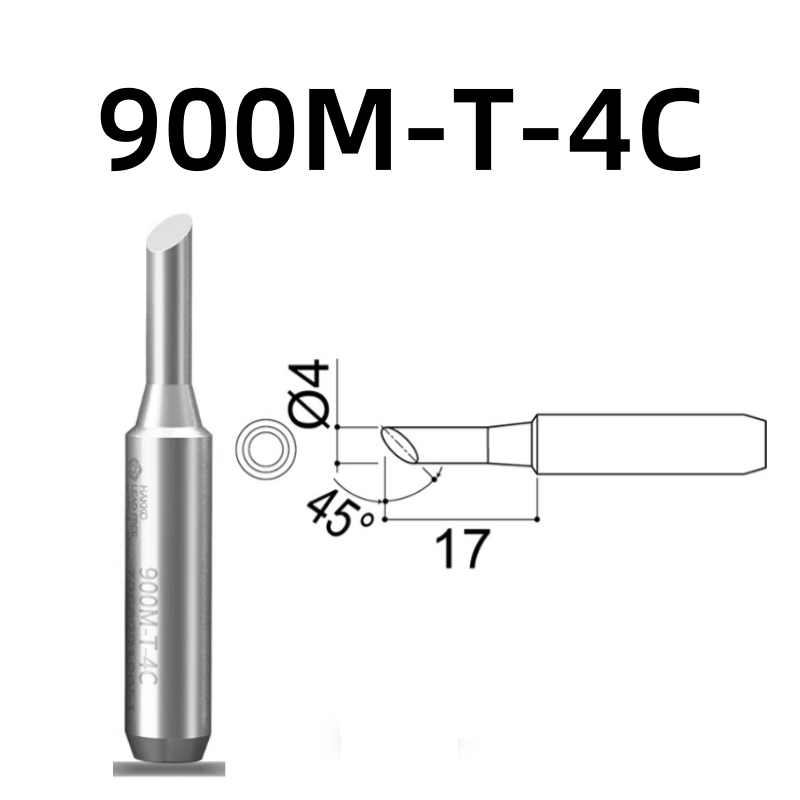 Shape: Bevel Tip, 4MM/45DEG X 17MM.
Applicable models: 928, 936, 938 soldering station.
Compatible for: 900M, 900M-ESD, 907, 907-ESD, 933 soldering iron handle.
Other models: 900M-T-1C, 900M-T-1CF, 900M-T-2C, 900M-T-2CF, 900M-T-3C, 900M-T-3CF, 900M-T-4CF, 900M-T-0.5C, 900M-T-0.8C, 900M-T-0.8D, 900M-T-1.2D, 900M-T-1.6D, 900M-T-2.4D, 900M-T-3.2D, 900M-T-S3, 900M-T-SB, 900M-T-LB, 900M-T-1.8H, 900M-T-S4, 900M-T-1.2LD.

If you need any other model products, please kindly contact us.