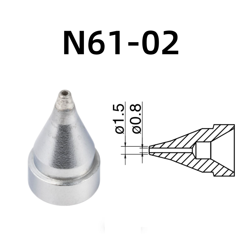 Inner Diameter: 0.8MM Outer Diameter: 1.5MM.

Compatible for: FR-301, FR-4101, FR-4103 Desoldering Tin Gun.
Other models: N61-01, N61-03, N61-04, N61-05, N61-06, N61-07, N61-08, N61-09, N61-10, N61-11, N61-12, N61-13, N61-14, N61-15, N61-16.

If you need any other model products, please kindly contact us.&nbsp;