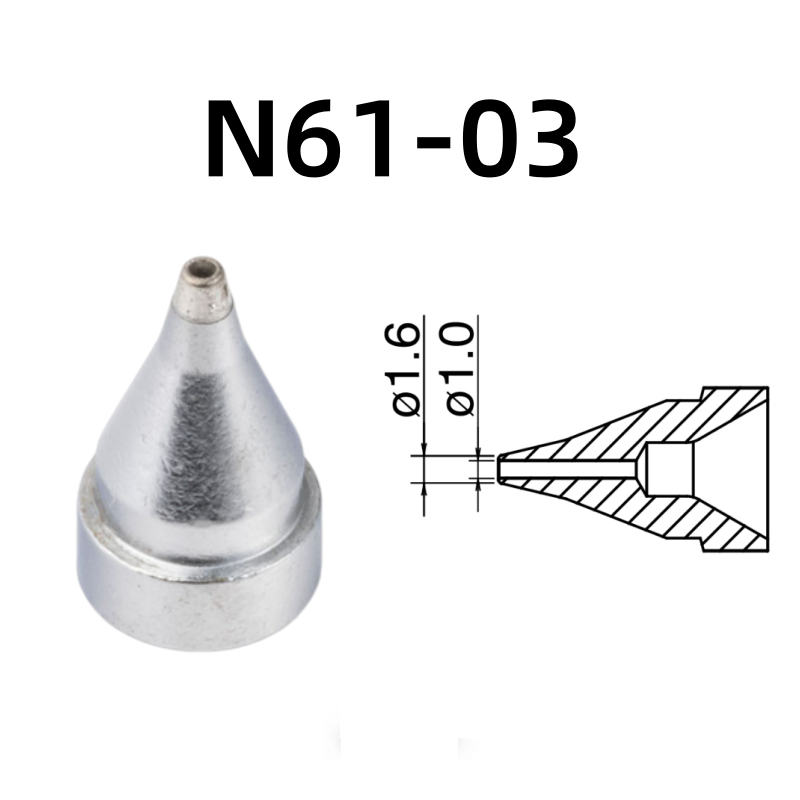 Inner Diameter: 1.0MM Outer Diameter: 1.6MM.

Compatible for: FR-301, FR-4101, FR-4103 Desoldering Tin Gun.
Other models: N61-01, N61-02, N61-04, N61-05, N61-06, N61-07, N61-08, N61-09, N61-10, N61-11, N61-12, N61-13, N61-14, N61-15, N61-16.

If you need any other model products, please kindly contact us.&nbsp;