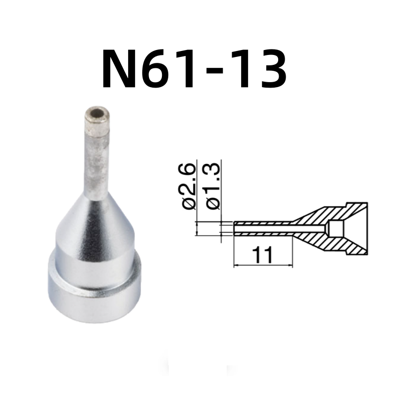 Inner Diameter: 1.3MM Outer Diameter: 2.6MM.

Compatible for: FR-301, FR-4101, FR-4103 Desoldering Tin Gun.
Other models: N61-01, N61-02, N61-03, N61-04, N61-05, N61-06, N61-07, N61-08, N61-09, N61-10, N61-11, N61-12, N61-14, N61-15, N61-16.

If you need any other model products, please kindly contact us.&nbsp;