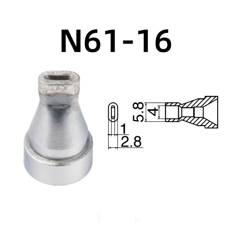 Inner Diameter: 4.0*1.0MM Outer Diameter: 5.8*2.8MM.

Compatible for: FR-301, FR-4101, FR-4103 Desoldering Tin Gun.
Other models: N61-01, N61-02, N61-03, N61-04, N61-05, N61-06, N61-07, N61-08, N61-09, N61-10, N61-11, N61-12, N61-13, N61-14, N61-15.

If you need any other model products, please kindly contact us.&nbsp;