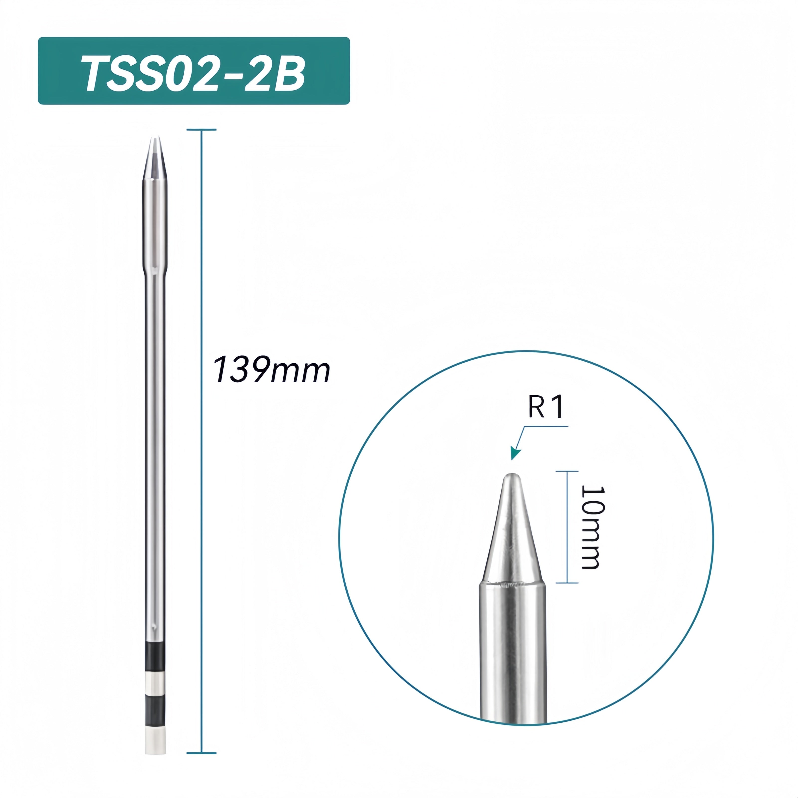 Shape: Conical Tip, R1 X 10MM.
Total length: 139mm
Outer diameter: 5.0mm
Compatible for: QUICK TS1200/TS1200A/TS1200D Soldering Station.
Other QUICK TSS02 Tips Model: TSS02-B, TSS02-0.8C, TSS02-1C, TSS02-2C, TSS02-3C, TSS02-4C, TSS02-0.8D, TSS02-1.2D, TSS02-1.6D, TSS02-2.4D, TSS02-3.2D, TSS02-4.2D, TSS02-I, TSS02-I-02, TSS02-J-01, TSS02-K, TSS02-SK, TSS02-SK-01, TSS02B-I-02, TSS02B-J-02, TSS02B-SK-02.


If you need any other model products, please kindly contact us.