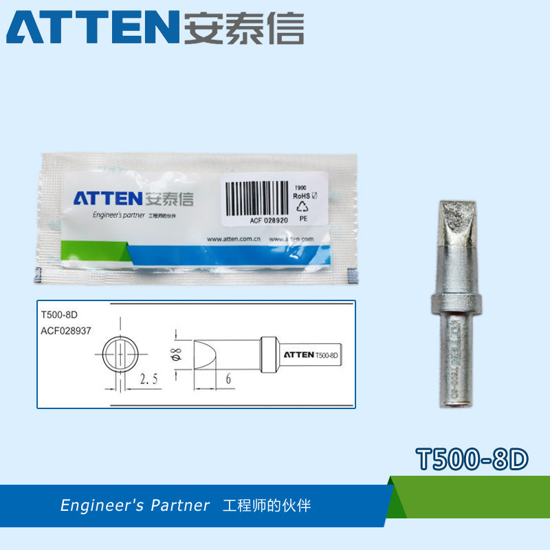 Total length: 42 mm
Outer diameter shaft: 6 mm
Inner diameter shaft: 2.3mm
Other T500 Series Models: T500-B, SK, K, 3,5D, 5D, 8D, 3C, 44C, 5C, 6C, 8C
Compatible with AT315DH-150W, AT315-150W series, AT330D, 3150-150W series, 205H series Soldering Station.