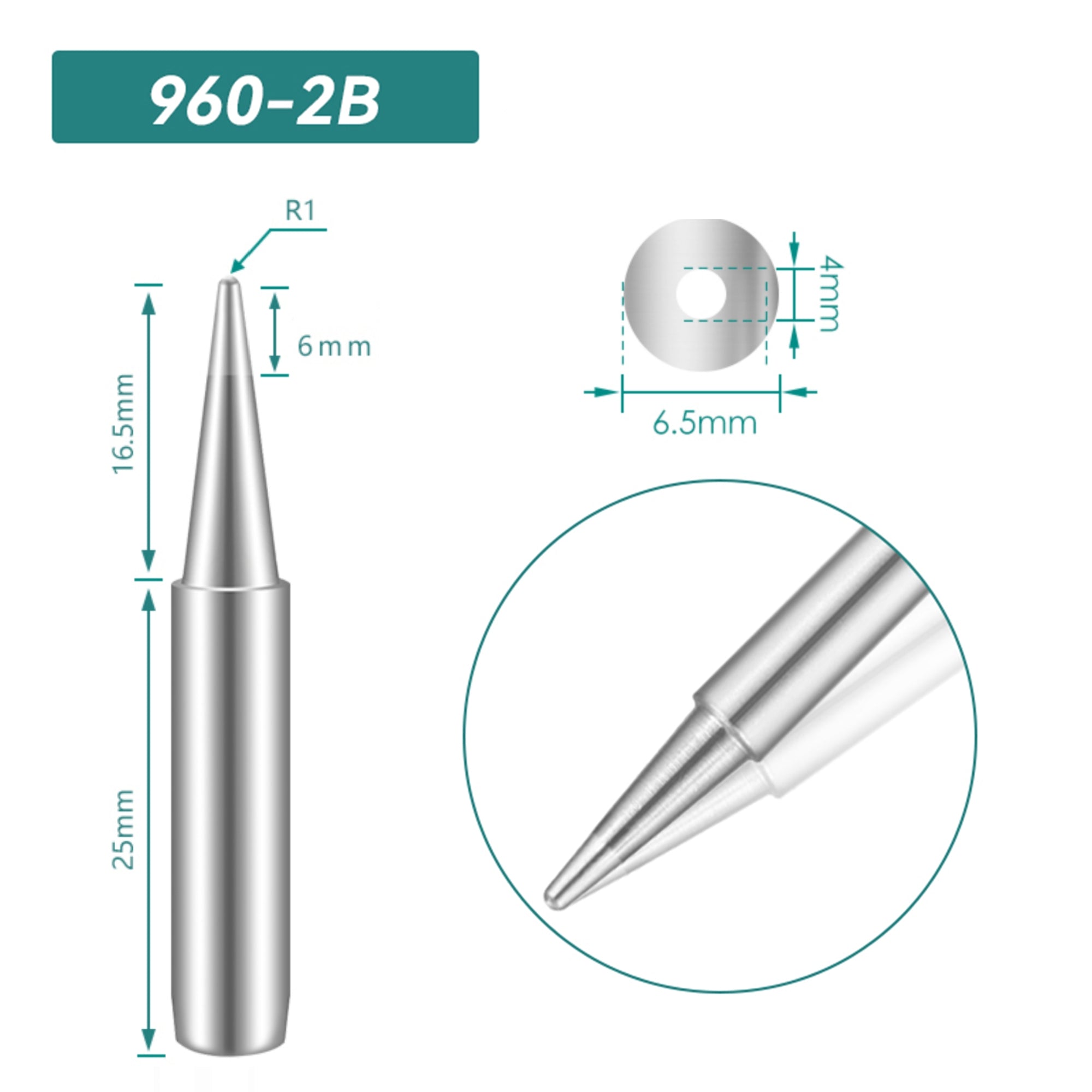 Shape: Conical Tip, R1 X 16.5MM.
Total length: 41.5mm
Inner diameter: 4.0mm
Outer diameter: 6.5mm
Compatible for: QUICK TS1100/236/936/936A/936C/967/969/969A/375A+/375B+/3104/707/708/709&nbsp;Soldering Station.
Other QUICK 960 Tips Model: 960-B, 960-0.8C, 960-1C, 960-2C, 960-3C, 960-4C, 960-0.8D, 960-1.2D, 960-1.6D, 960-2.4D, 960-3.2D, 960-I, 960-J, 960-LB, 960-LI, 960-K, 960-SK.


If you need any other model products, please kindly contact us.