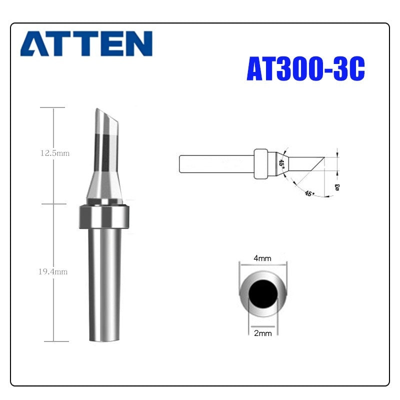 Total length: 31,9 mm
Outer diameter shaft: 4 mm
Inner diameter shaft: 2 mm
Other T300 Series Models: T300-B, K,SK, &nbsp;I, IS, LI, H, RT, 1C, 2C, 3C, 4C,
T300-0,8D, 1,2D, 1,6D, 2,4D, 3,2D,4,2D
Compatible with AT306H AT306DH ST3090, 203H/203/204/204H
503/504 (90W) series Soldering Station.